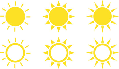 Sun icon set. Sunset symbol. Hot solar energy for tan. Summertime figure concept. Sunshine simple icons collection

