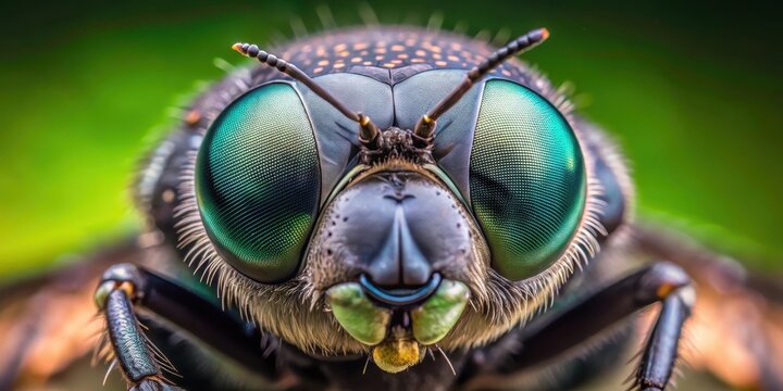 A close-up of a black soldier fly's face with its large compound eyes and mouthparts