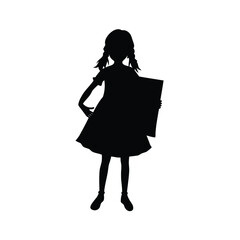 Silhouette of a young girl with pigtails holding a blank poster board child female