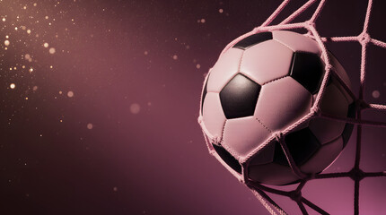 Soccer ball hitting net with sunset sky in background