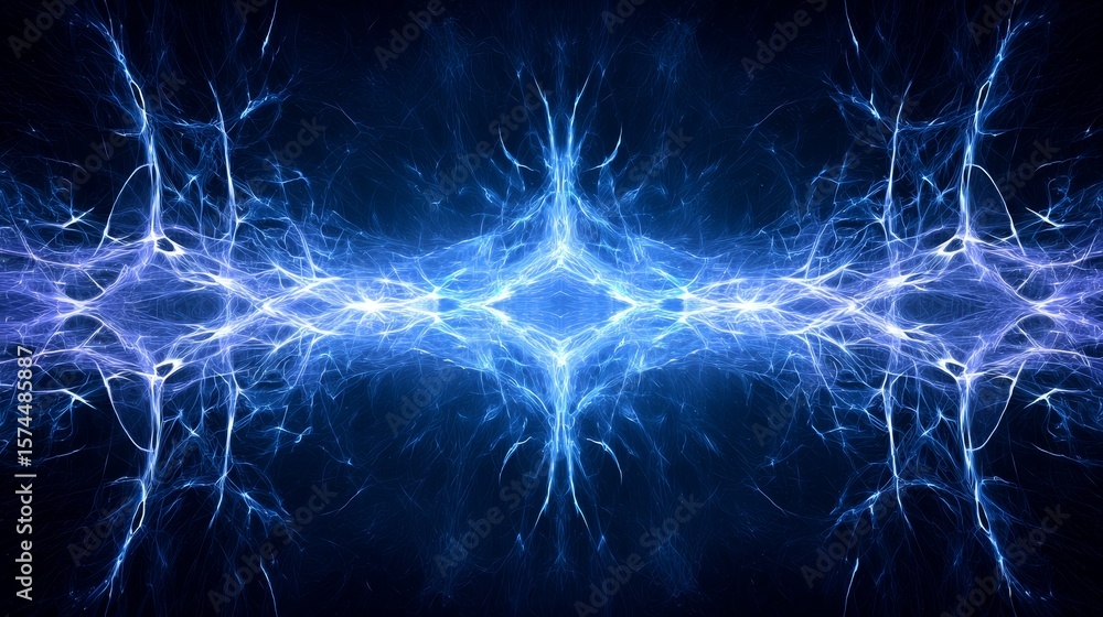 Poster abstract blue fractal background featuring electric lightning patterns and dynamic energy lines with