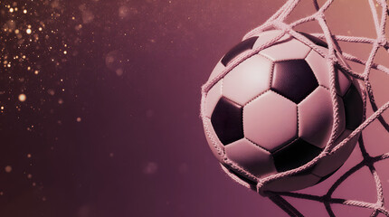 Obraz premium Soccer ball hitting net with sunset sky in background