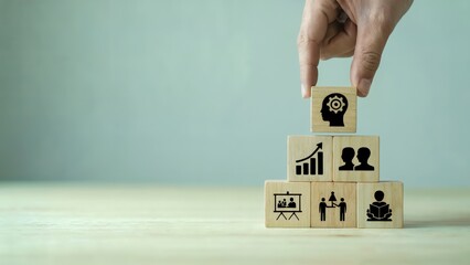 Wooden blocks with business skill concept, hand building career success