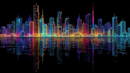The night comes alive in a technological utopia with bold neon colors enveloping a stylized wireframe skyline as reflections in the water amplify the essence of a modern metropolis