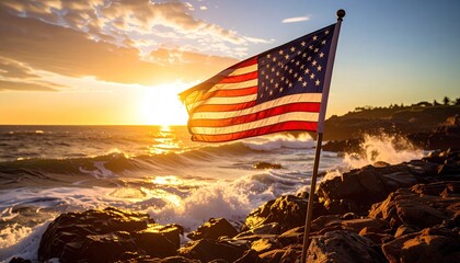 American flag at sunrise over ocean waves