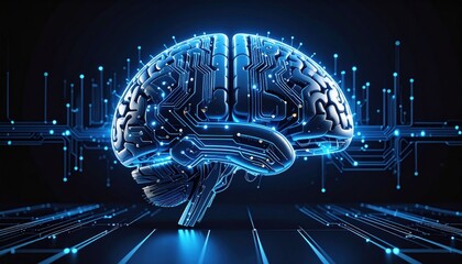 Futuristic digital brain with glowing circuitry, showcasing advanced technology in a dark environment