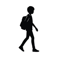 Black silhouette of a young person with a backpack walking student