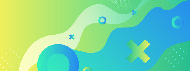 Abstract green blue wave design with circles and crosses suitable for digital backgrounds, website banners, and modern graphic designs.