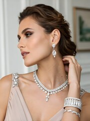 Elegant woman wearing diamond jewelry set including necklace earrings and bracelet in studio shot