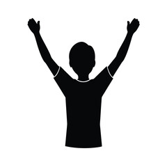 Black silhouette of a person with arms raised in celebration on a white background youth cheering