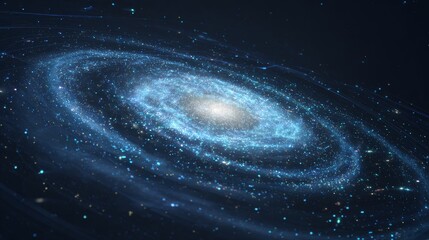Obraz premium Blue glowing spiral galaxy in deep space with radiant stars and curved light trajectories. Futuristic cosmic scene representing energy, astronomy, motion, science, abstract structure, 3D space concept