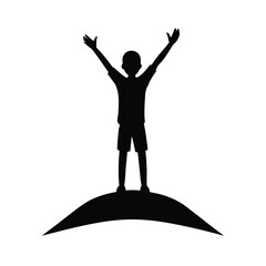 Black silhouette of a young person with arms raised on a curved hill child teen