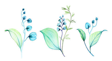 Watercolor Transparent Flowers. Set of three small bouquets with blue petals, buds and leaves. Abstract painting with turquoise florals. Hand painted vibrant illustration