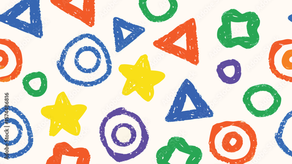 Poster a colorful pattern of hand drawn shapes including circles triangles and stars on a light background