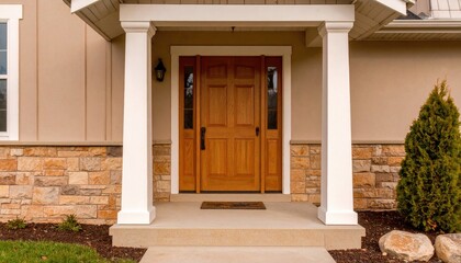 Wooden front door with gabled porch and landing