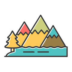 Colorful mountains and a tree beside a calm lake in nature  