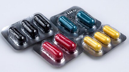 Multicolored capsules in blister packs.