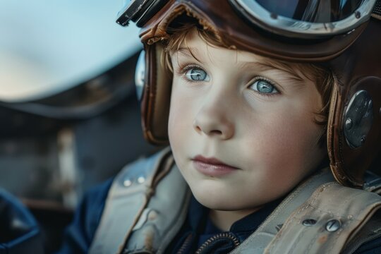 Portrait of a young aspiring pilot wearing a vintage flight helmet and goggles, sitting in the cockpit of an airplane, ready for a thrilling adventure