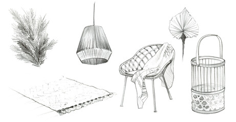 Boho interior details and furniture. Pencil sketch. Set of hand drawn illustration isolated on white background. Realistic design cozy home styling