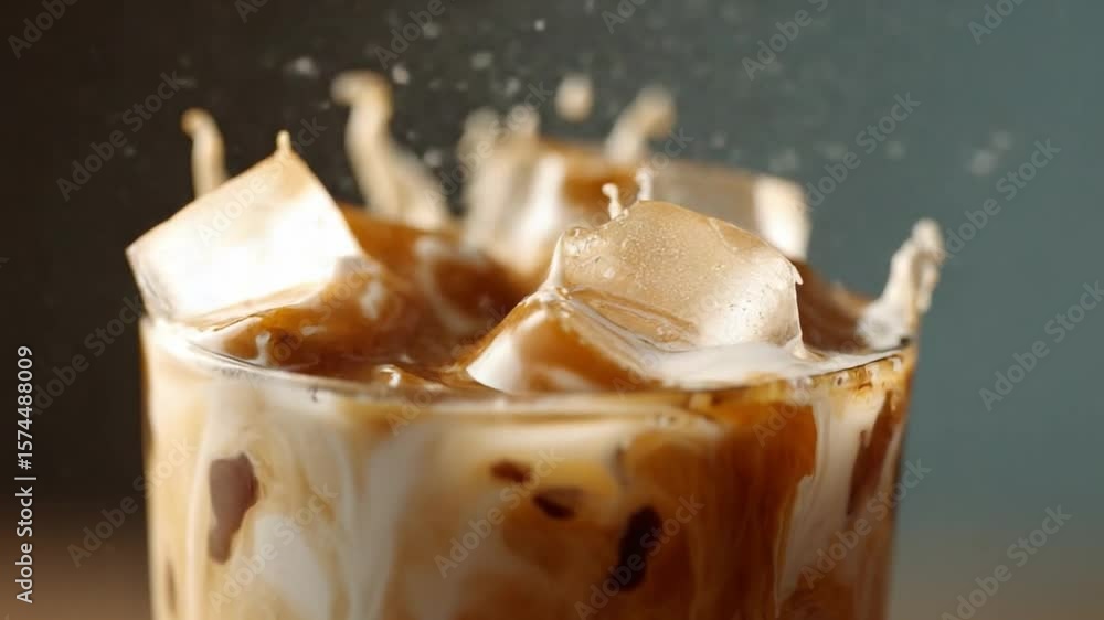 Poster iced coffee splash: refreshing iced coffee with milk and ice cubes creating a delightful splash in a