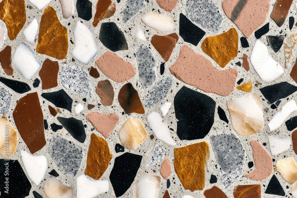 Poster close up of a terrazzo surface with different sizes and shapes colored aggregates