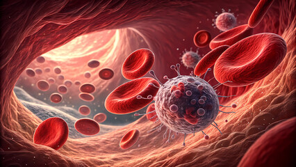 Red blood cells and virus in bloodstream illustration for medical and scientific research use