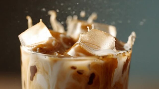 Iced Coffee Splash: Refreshing iced coffee with milk and ice cubes creating a delightful splash in a glass.