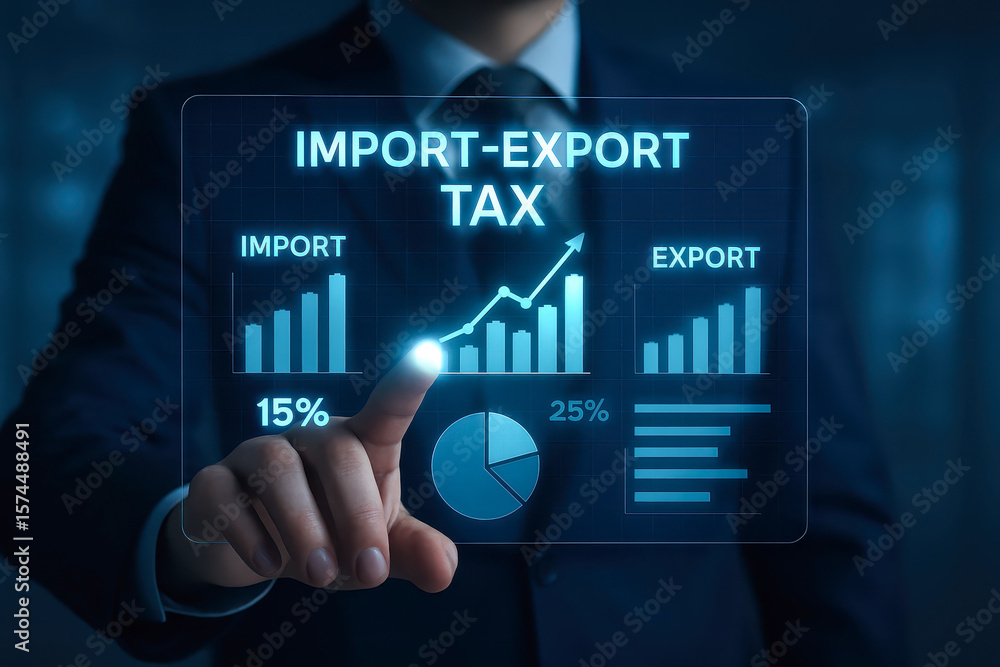 Poster import export tax trade tariff concept with business person pointing at digital screen showing finan