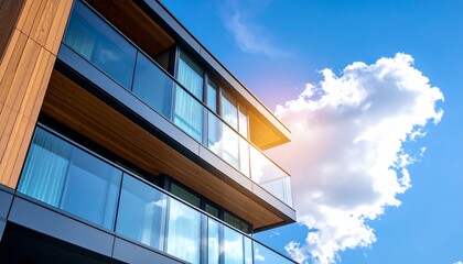 Fototapeta premium Modern Architectural Design Sleek Glass Balconies and Wood Facade