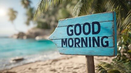 Fototapeta premium A weathered turquoise wooden sign on a tropical beach reads good morning under palm trees