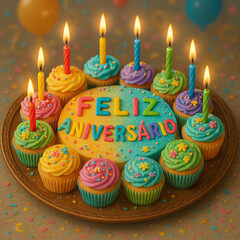 Bolo colorido com a mensagem "Feliz Anivers&aacute;rio", cercado por cupcakes decorados e velas acesas, em um ambiente festivo com confetes coloridos.