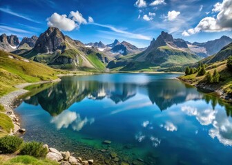 Obraz premium Panorama du lac d'ARvouin avec les Alpes en arri?re-plan