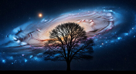 Silhouette tree galaxy background