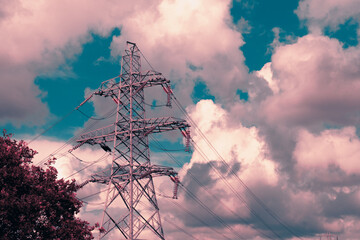 An infrared like vaporwave edit. Electricity pylon transmission tower against the summer sky
