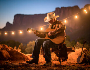 Cowboy plays guitar with sunset, and desert.