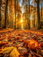 Fototapeta premium Golden sunlight filtering through fallen leaves on a forest floor with vibrant orange and yellow hues