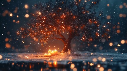 Enchanting Frozen Landscape with Glowing Tree and Reflection in Moonlit Lake at Winter Night