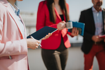 Business people gathered outdoors, utilizing technology to hold a discussion, conveying teamwork...