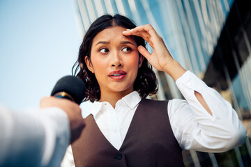 Confident young businesswoman being interviewed outdoors in bright urban cityscape setting...
