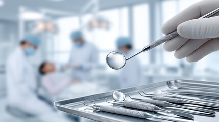 Close-up of dental tools with dentist and patient in clinic background