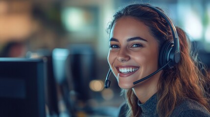 A smiling woman wearing a headset is working at a computer in a professional, modern office environment.