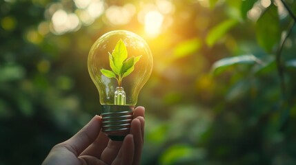 A hand holds a light bulb containing a small green plant, symbolizing eco-friendly energy and environmental sustainability in a sunlit natural setting.