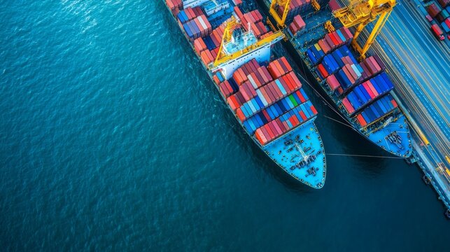 An aerial view of two large cargo ships docked side by side, loaded with colorful shipping containers, floating on deep blue ocean water.