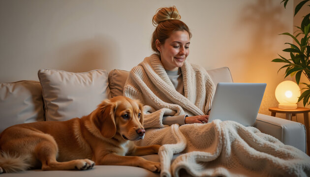 Young woman working on laptop while relaxing with dog at home  