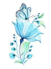 Watercolor Transparent Flower arrangement, with butterfly. Composition with big blue petals, buds and leaves. Abstract painting with turquoise florals. Hand painted vibrant illustration