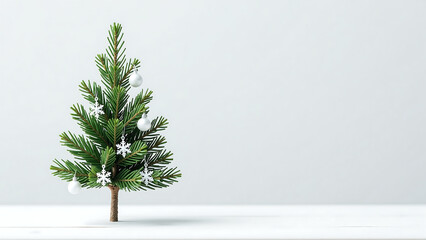 diminutive evergreen tree stands alone pristine white backdrop adorned delicate white snowflake ornaments shimmer soft