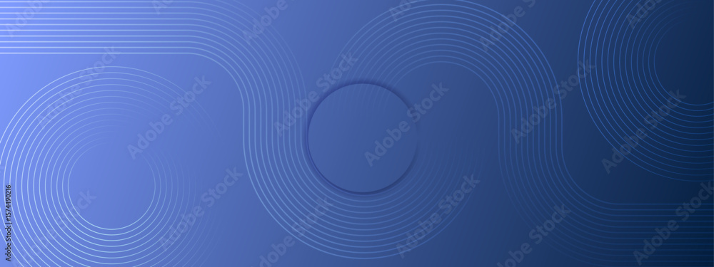 Poster concentric blue circles, a central circle, and curved lines form an abstract and dynamic design. ide