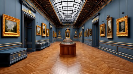 Elegant art gallery with classical paintings and ornate gold frames under a skylight