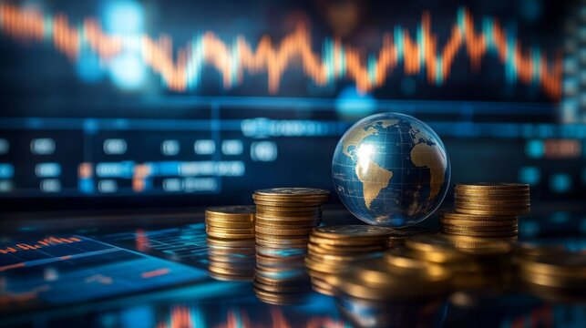 A small globe sits atop stacks of gold coins with a blurry financial stock chart in the background, symbolizing global finance and economic markets.