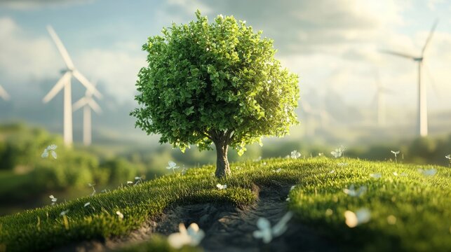 A lush green tree stands on a grassy hill with wind turbines in the background and butterflies fluttering nearby, symbolizing nature and renewable energy.
